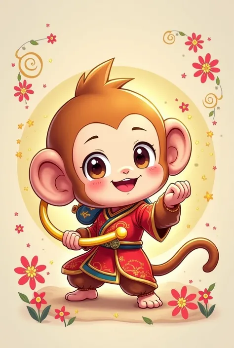 The cute version of the anime Chinese Qi Tian Daisheng Sun Wukong waving a gold hoop is a side picture on the front and back side with cute elements