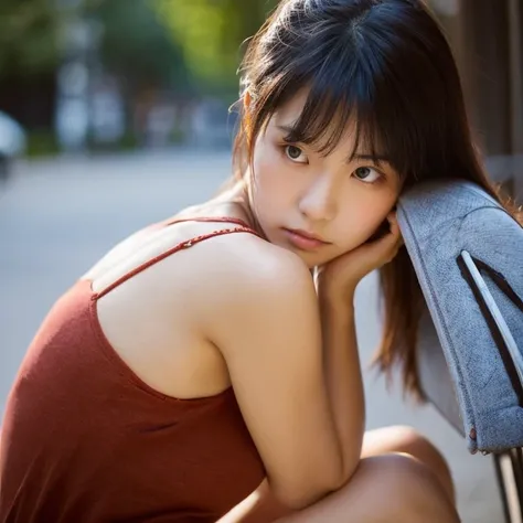 An Asian Thai beautiful woman, sad and looking away, age 20-year-old is sitting in sad posture. Show the whole body.