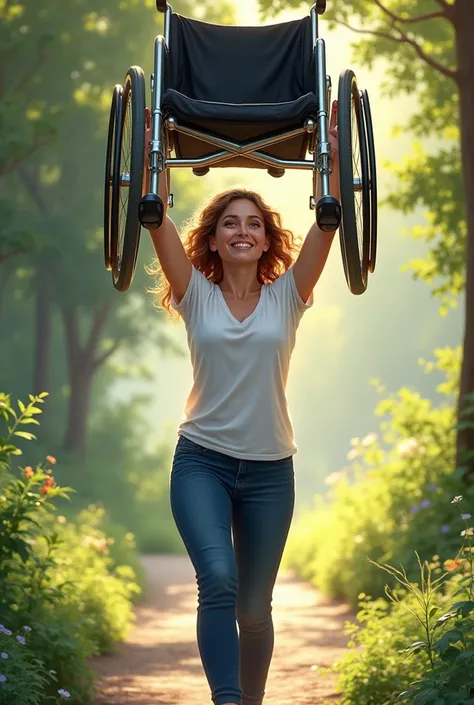 A  picture of a woman who got healed from a spinal cord injury , standing independently and lift the wheel chair up as a sign of victory  