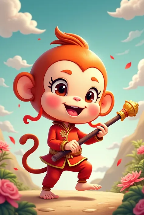 Three views of the cute version of Chinas Qi Tian Daisheng Sun Wukong waving a stick with cute elements