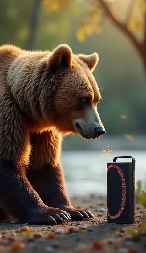 "Create a digital art composition titled Bear + Bluetooth Speaker in the scene. The image should feature:

Bear: On the left side, a lifelike, detailed bear with thick brown fur. The bear is sitting upright, its large paws resting gently on the ground as i...