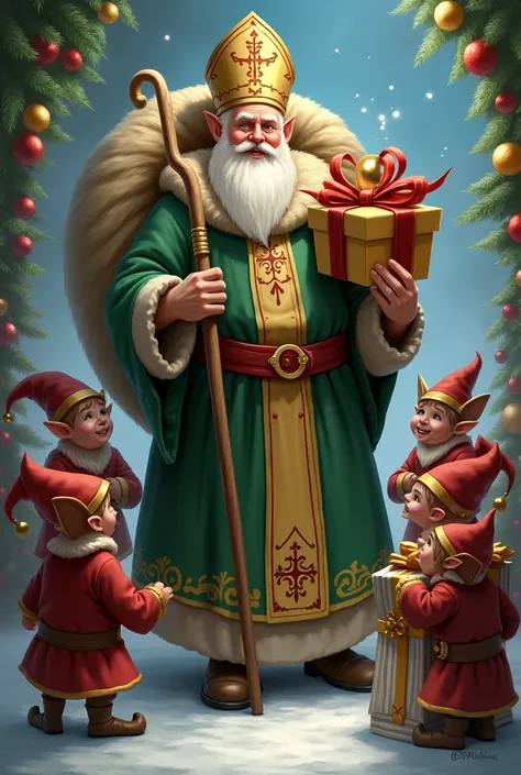 Saint Nicholas as a Catholic bishop with unwrapped gifts in a big bag wearing green surrounded by little ren without animals 