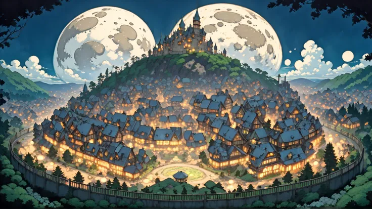 (masterpiece, ultra-detailed, top quality), (cartoon-like illustrations reminiscent of Hayao Miyazaki, Japanese 2D animation, shadows:1.3), distant night view from above, (huge peach moons:1.7), (huge medieval European castle town:1.3).