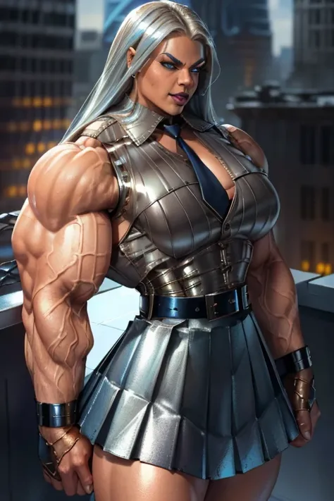 ((Close-up)), tall, (white hair), beautiful muscular woman, long hair, brown skinned, (black lipstick), smirking, (massive muscles), (hyper muscle), ((ginormous bulky muscles)), blue eyes, (((((sleeveless metallic collared shirt))))), ((((metallic pleated ...