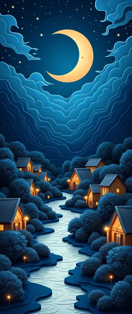 The digital artwork features stylish, layered paper-cut designs. The layout is vertical, with the night sky swirling in deep blues and blacks, dominated by a large crescent moon and scattered clouds. Below, a meandering river of gentle white flows through ...