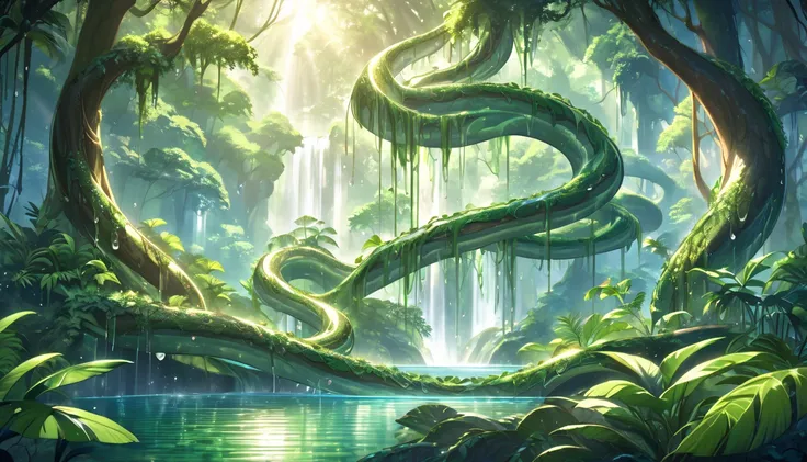 A majestic wood snake weaving through cascading waterfalls in a lush tropical forest, with water droplets glistening in the sunlight, symbolizing the flow of wisdom, high-definition natural illustration.