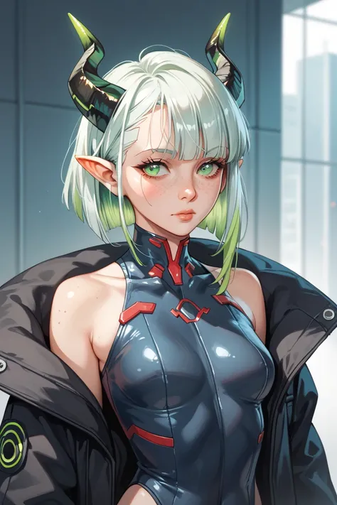 Portrait of an adult dragon girl, mature, curious expression, pale skin with freckles, green eyes, with big dragonic horns, messy short white hair with light green highlights, pointy ears. Wear tight black and white Cyberpunk clothes covered by a big black...