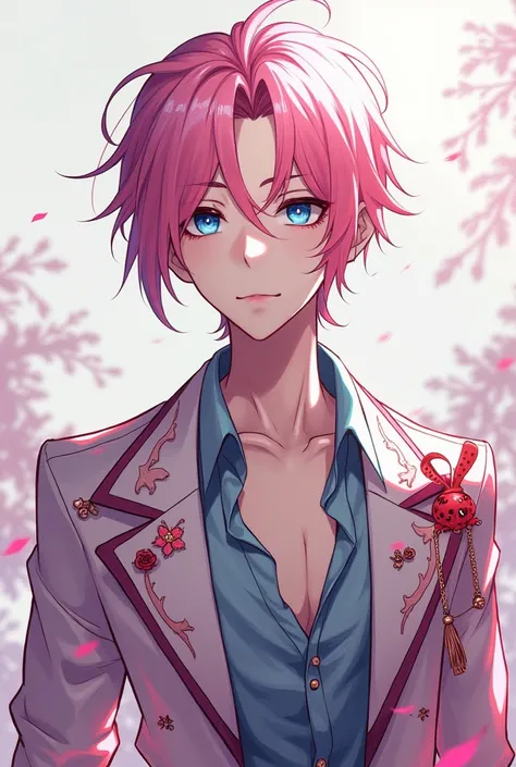 Create a picture of a handsome man whose front hair is pink and his hair is white, his eyes are blue, and the boy has a slim figure, he wears a whimsical outfit, creates a picture that looks like an anime, and makes this picture18+