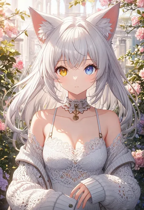 1.5, best quality, high quality, High definition, High quality texture, high detail, beautiful detailed, finely detailed, extremely detailed cg, detailed texture, ((ANIME)), 1girl, woman, female, ((cat girl demihuman)), white hair, long sleeve sweater, exp...