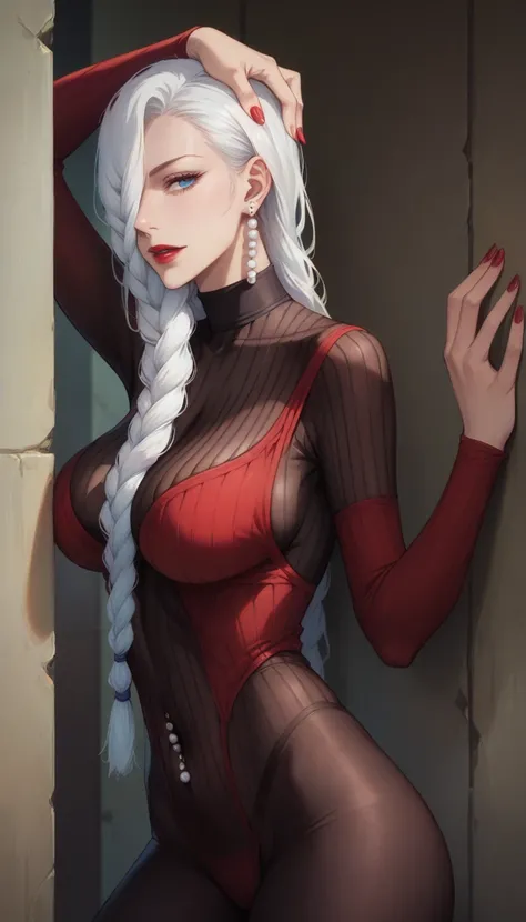 Hot beautiful mei mei,red lipstick,long pearl Earrings,  , white hair , detailed, blue eyes , hair 
, big saggy breasts , Cleavage ,twin hair braid ,navel piercing  ,braid over eyes ,body stocking , against wall ,hand over head
