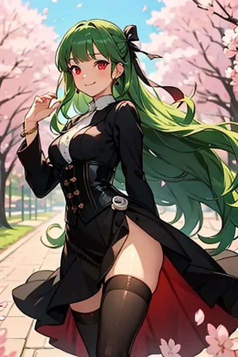 vibrant colors, mature female, masterpiece, sharp focus, best quality, depth of field, cinematic lighting, pose, green hair, very long hair, red eyes, black thighhighs, black dress, outdoors, cherry blossom, sparkle, grass, trees, smile, white corset, wavy...