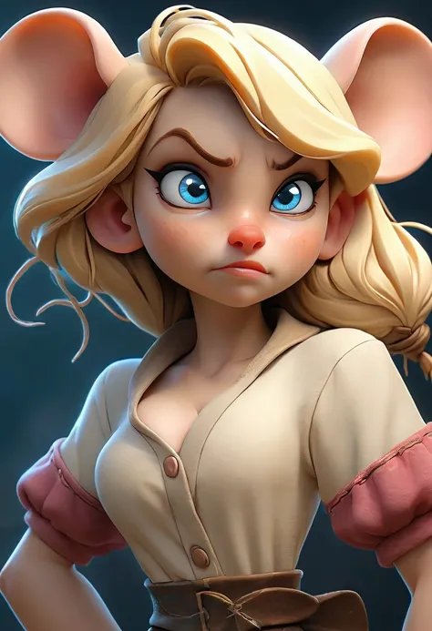 a beautiful blonde girl with blue eyes, mouse ears and tail, human face pushing outward into a mouse muzzle, large breasts, perverse expression, highres, 4k, 8k, best quality, photorealistic, detailed face, intricate details, realistic skin texture, detail...