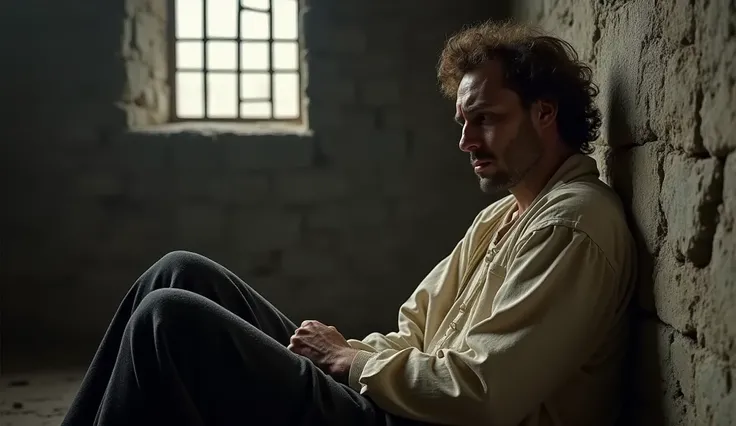 A mid-shot of King Louis XVI sitting against the cold stone wall of his prison cell. He wears a simple, worn 18th-century French prison outfit— a plain white shirt and dark woolen pants, showing the stark contrast from his former royal grandeur. His brown ...