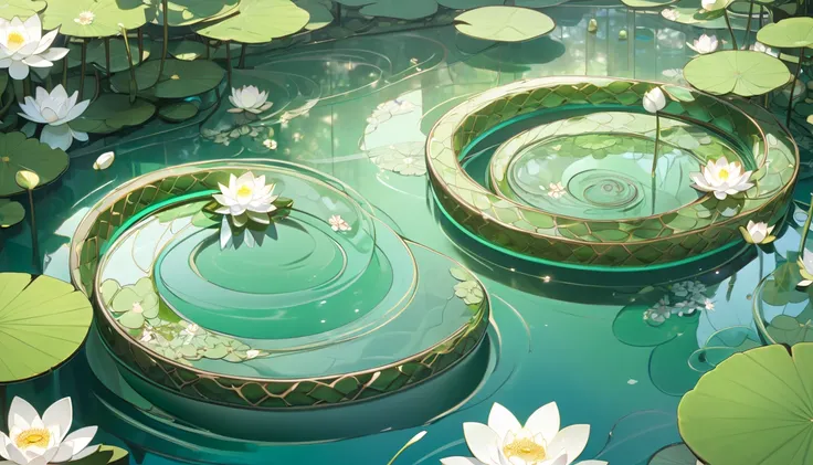 A wood snake coiled gracefully in a tranquil jade-colored pool, surrounded by lotus flowers and ripples reflecting soft sunlight, a serene high-detail 4K artwork.