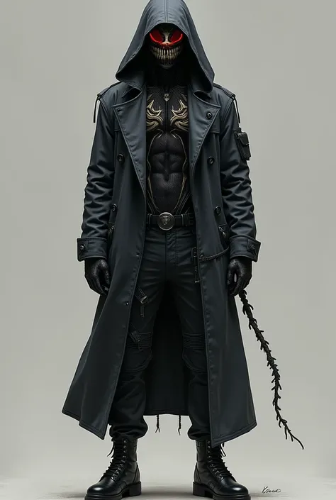  Creates a black-skinned person fused with a symbiote  (marvel),  but instead of the monstrous figure that looks like a ninja, wearing a symbiote hooded trench coat  (That the hood does not allow you to see your face )( clearly that your normal human face ...