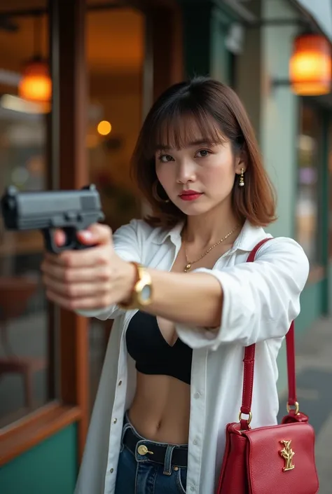 Holding a gun with both hands, shooting at a target, front view, standing pose, holding a Ruger P-08, in front of a restaurant, noon, from the front, looking at the viewer, beautiful middle-aged woman, (35 years old), (beautiful eyes, light brown straight ...