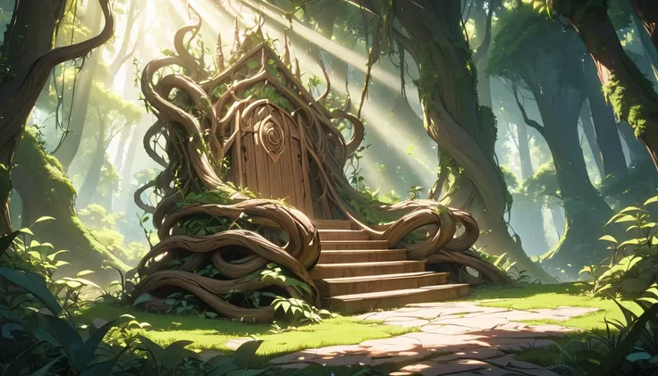 A throne made entirely of twisted wood, with a wood snake coiled protectively around it, set in a lush forest with beams of sunlight streaming through, high-quality 4K artwork.