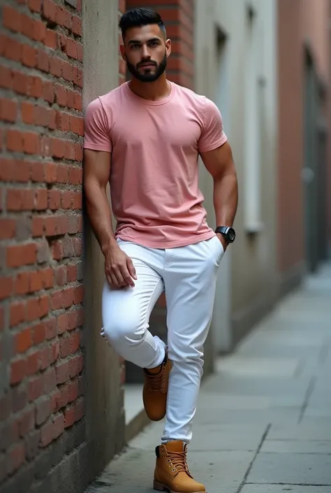 
REAL MAN, handsome, very short black hair,  white skin , little beard, flirty, stopped, clutched on a brick wall , WITH ((una de sus piernas apoyándose WITHtra la pared))  old white pants ,  fitted to their big legs, pink t-shirt, Attached to his body,  b...