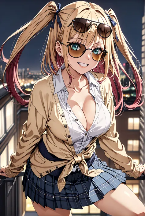 masterpiece, best quality, high quality, detailed, ultra detailed, hyper detailed, exquisite, insanely detailed, beautiful, FHD, Full-HD, 4K, 8k, 16k, 1 woman:1.4, (sunglasses:1.4), big breast, ((cream color hair:1.4)), red hair, gradient hair, ((two side ...