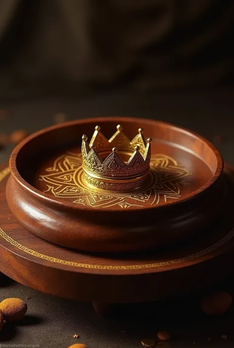 Believe me the beautiful image of a luxurious Ifa religion Yoruba polished wooden tray with its lid on the top in the inside the lid has a small crown that has a small crown engraved on the wood in brilliant gold that is a little low and a little wider

