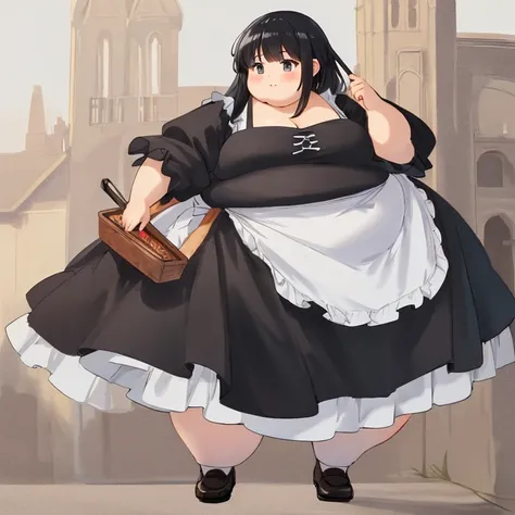 masterpiece,  best quality,Advanced Details,  long black hair, obesity,  very large body , Belly protruding,  girl,（ cute medieval European style puff sleeve dress、I put on an apron,  black and white dress 、）,  high details、 High Quality 、 high definition ...