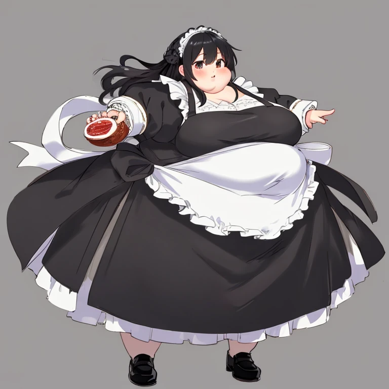 masterpiece,  best quality,Advanced Details,  long black hair, obesity,  very large body , Belly protruding,  girl,（ cute medieval European style puff sleeve dress、I put on an apron,  black and white dress 、）,  high details、 High Quality 、 high definition ...