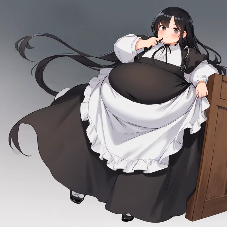 masterpiece,  best quality,Advanced Details,  long black hair, obesity,  very large body , Belly protruding,  girl,（ cute medieval European style puff sleeve dress、I put on an apron,  black and white dress 、）,  high details、 High Quality 、 high definition ...