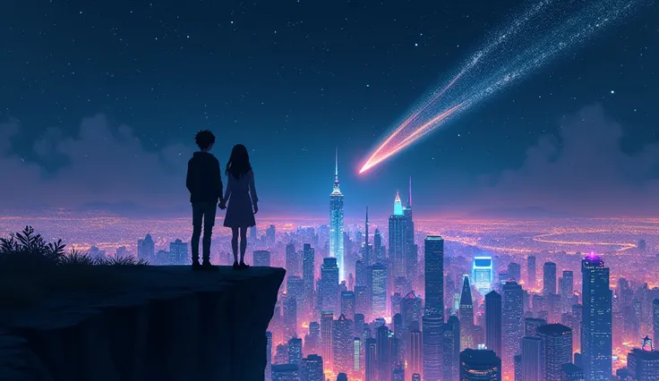 Under the Stars, a boy and a girl ,  Two people standing on the edge of a cliff ， watching the city at night ,  Cyberpunk art inspired by Liam Wong ,  Trends on CGSociety,  Digital Art, Cyberpunk climate , Cyberpunk climate s,  cyberpunk art style ,  have ...