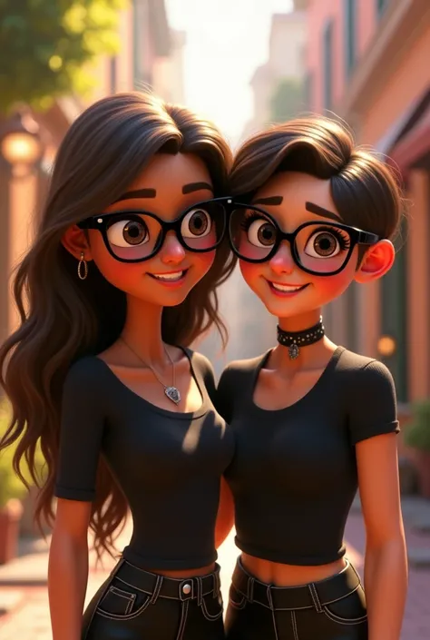 17-year-old lady annoys long hair, brown skin, brown eyes and black glasses with black clothes, 22-year-old young woman, short hair, short beard, short beard, black glasses, brown eyes with long eyelashes wearing black clothes smiling Disney Pixar 