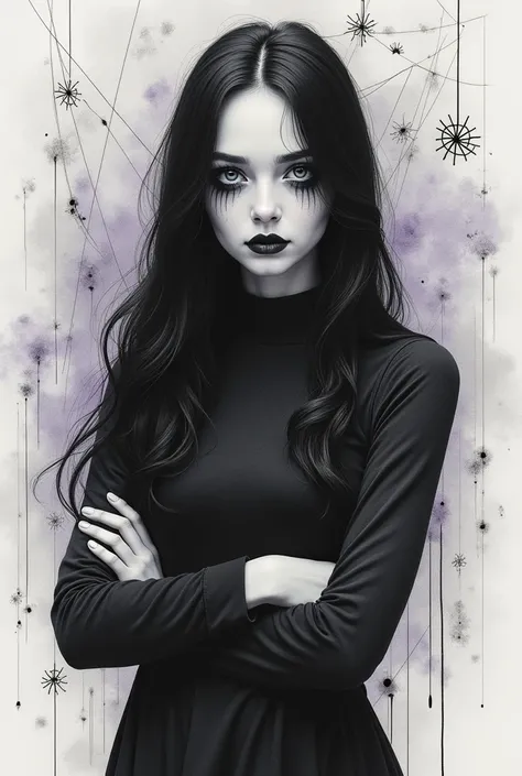 A hauntingly beautiful half-portrait of a young woman inspired by Wednesday Addams, drawn in a black-and-white charcoal and ink style. She stands with arms crossed, exuding an air of eerie elegance. Her face reflects a captivating beauty that pierces throu...