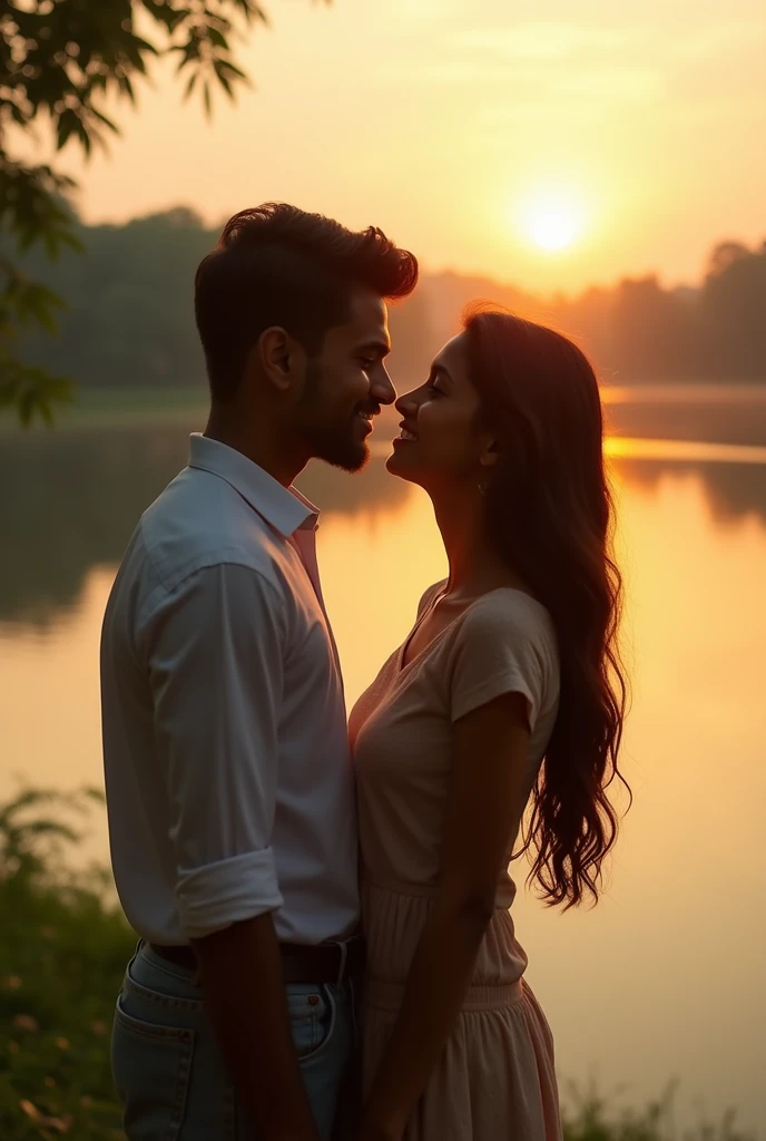 A dreamy scene of a beautiful modern looking Sri Lankan girl imagining herself with her handsome crush by a serene lakeside. The girl has a romantic smile on her face. the boy and girl are standing very close, gazing into each others eyes with affection. T...