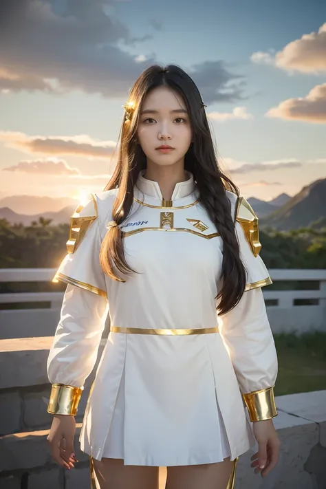 ((masterpiece, best quality, extremely detailed), volumetric lighting, ambient occlusion, colorful, glowing), 1girl, solo, young girl, (dark hair), long hair, halo, aura, sacred, goddess, cleric suit, (white outfit with gold detailst:1.3), armor, outdoors,...