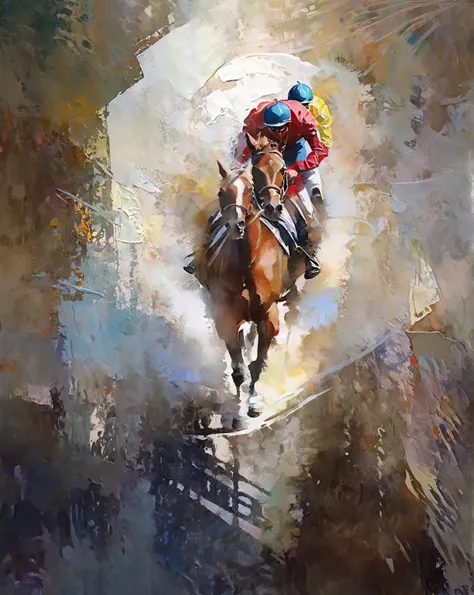 a  thick textured oil painting, (((Horse racing))),((Watercolor painting)),Watercolor blending, Blank background, impasto brushstrokes, dry brushing,revealing underlayers, abstract landscape, moody lighting, dramatic shadows, muted earthy colors, vibrant c...