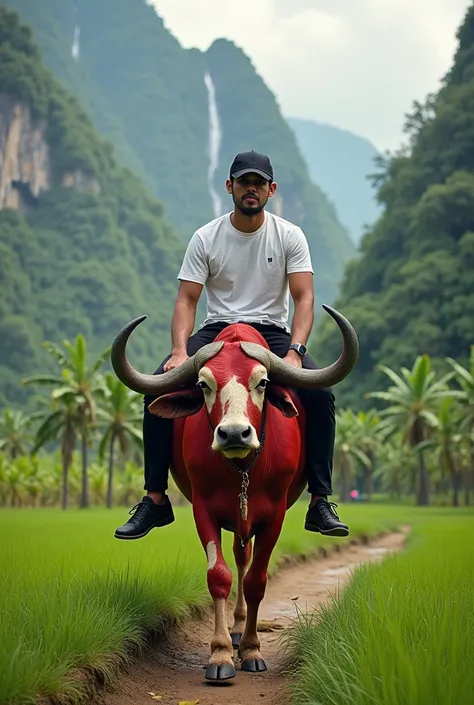 handsome indonesian , Neat black baseball cap wears white t-shirt, black pants, black shoes riding a red and white buffalo. background of rock mountains and there are waterfalls and banana groves and rice field expanses UHD 16k.