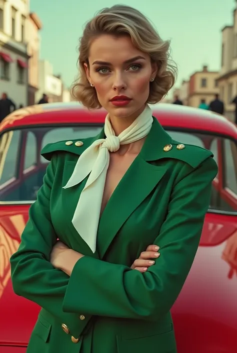 Create an image of a fashionable woman posing in a modern yet vintage-inspired setting. She is wearing a chic green outfit with bold shoulder details and stylish buttons, exuding confidence and elegance. Her hair is styled with a classic white scarf, addin...