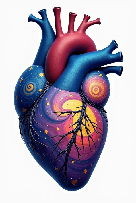 The image is a digital artwork featuring an abstract, stylized depiction of a human heart. The heart is depicted with spiraling cosmic patterns like van goghs painting, incorporating vibrant colors such as deep blues, violets, and bright yellows in the sty...