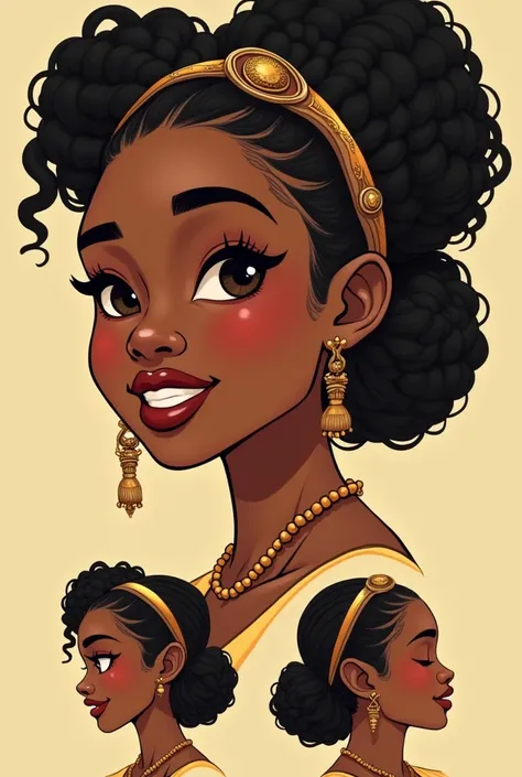 une fille, costume africaine,Bouche Ouverte, Sourire, Résolution Haute, Fond simple, Bandeau, Vues Multiples, Très détaillé, Tresse, Boucles dOreilles, Barrette, Contre-Jour, Art Nouveau, 