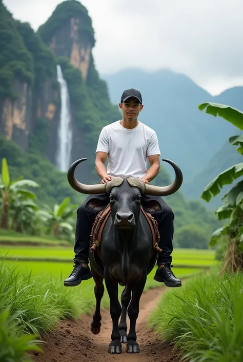 handsome indonesian , Neat black baseball cap wears white t-shirt, black pants, black shoes riding a buffalo ,background of rock mountains and there are waterfalls and banana groves and rice field expanses UHD 16k.