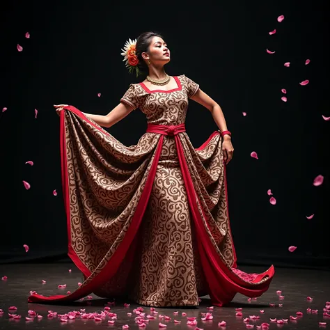 A stunning 20-year-old Indonesian woman in mid-performance, poised on a dimly lit stage amidst scattered pink petals, wearing an exquisite traditional Javanese batik dress with intricate brown and cream patterns, vibrant red accents, and a bold red border,...