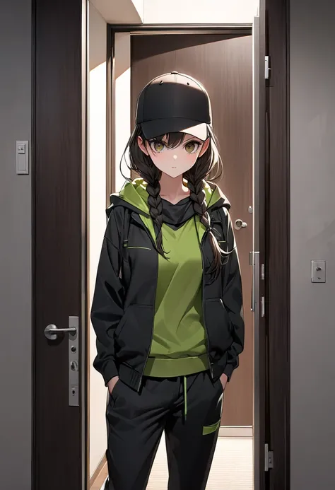 Woman 1, Alone, black braided hair,  dark brown eyes, small eyes,  sharp eyes ,  medium chest black cap ,  black jogger , Black Long Sleeve Hoodie, Green work vest ,  A woman standing outside the apartment door, The apartment door is slightly open 