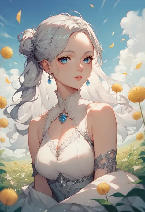 Long-haired, silver-haired woman with blue eyes wearing a white hanfu dress in a dandelion field.