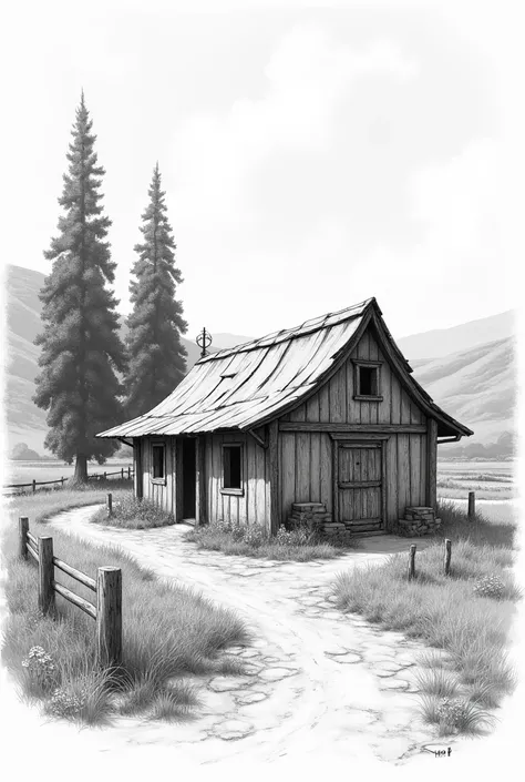 Drawing of an outbuilding in the countryside
