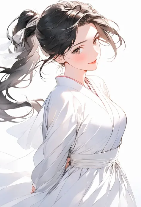 "A 30s woman with jet-black hair tied into a loose ponytail, her cheeks glowing red as she shyly clasps her hands behind her back, standing against a pure white background."
