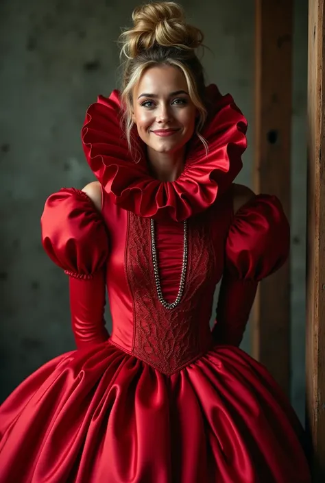 (realistic photograph close up sideways), (a pleased beautiful Caucasian woman with (messy hair bun), she is wearing (an elaborate red shiny satin gown with (long gigantic pouf sleeves), (and with an ultra high tight collar up to her cheeks) (with a gigant...