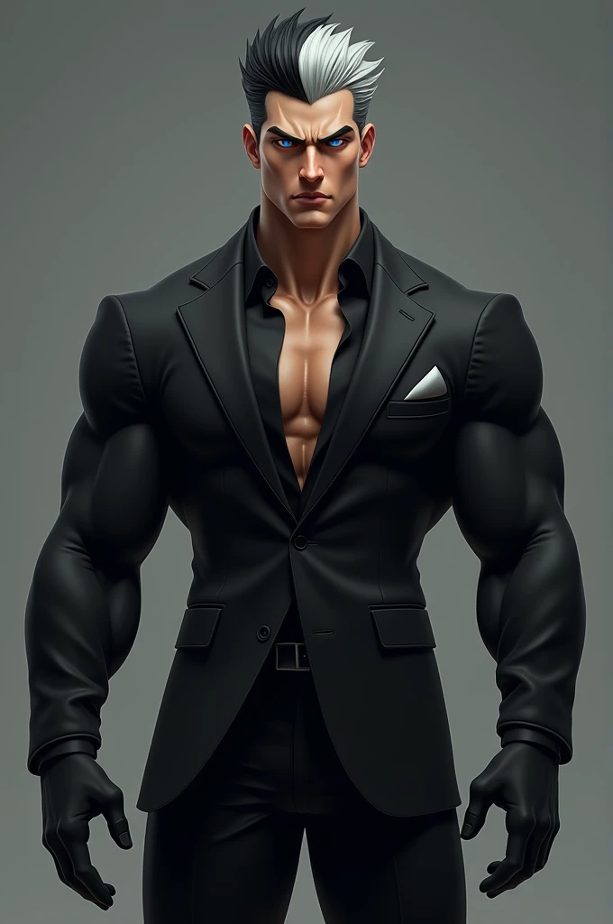 A man who has an athletic body. His body is V-shaped with strong muscles and sispax abs, light skin. He is 182 cm tall weight 67 kg, has a dark gray coma hair cut with light gray highlights (oreo color), eagle eyes with blue pupils, thick eyebrows, a high ...