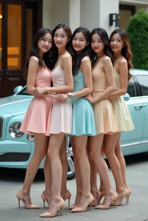 About 15 beautiful Asian young women stand in a non-overlapping line, completely revealing their faces and bodies, all wearing luxurious pastel-colored knee-length skirts, invisible line stockings, and all wearing high heels of different colors or styles, ...