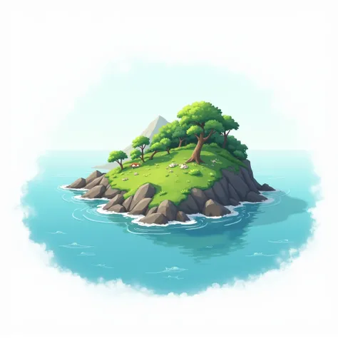 Calm Atlantic Ocean, large isolated island as sea fishing park, cartoon, background is white