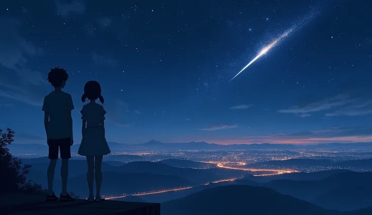 Under the Stars, a boy and a girl ,  Two people standing on the edge of a cliff ，Concept Design，look up，dusk， A distant view of the city and highway in the middle of the image， close-up of the protagonist standing with his back to the camera， All elements ...