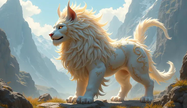 a white and gold lion with a mountain in the background, lion icon, xianxia hero, furry fantasy art, epic exquisite character art, god of cats, asura from chinese myth, xianxia fantasy, xianxia, epic legends game icon, chinese dragon concept art, very very...