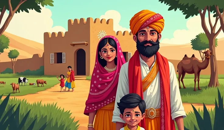 A cartoon  image"Create a vivid scene of a traditional Rajasthani farmer with his family in a rural village setting. The farmer wears a white kurta and dhoti with a colorful bandhani turban in shades of red and orange, and his face is sun-weathered with a ...